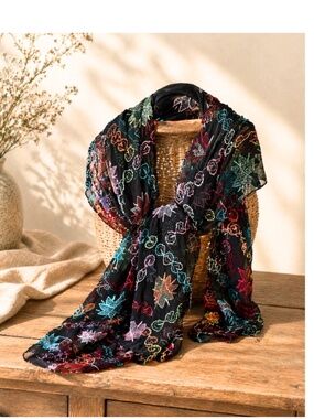 Boho Hand Embroidered Shawl Dupatta Black Sheer Colorful Ethnic Wrap 80”